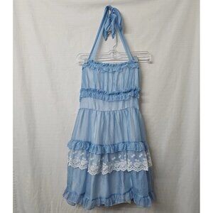 Womens Sz Lg Blue Halter Top Mini Dress Sheer Lace Lined Ruffle Regencycore READ